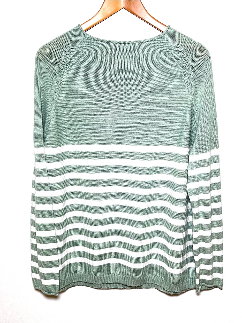 Alice Walk Striped Mockneck Cotton Sweater Size Medium Sage Green White